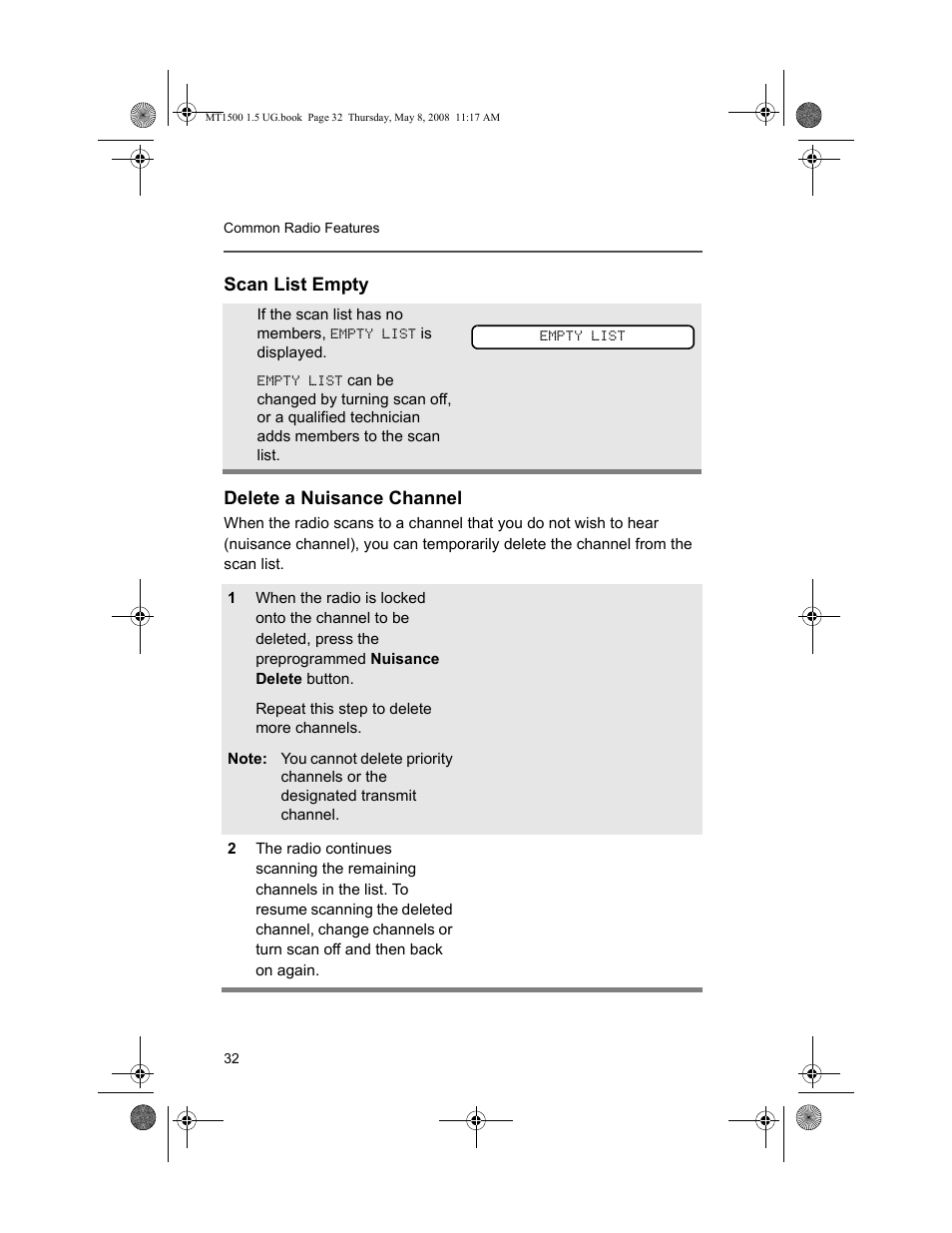 Scan list empty, Delete a nuisance channel | Motorola MT 1500 User Manual | Page 44 / 82