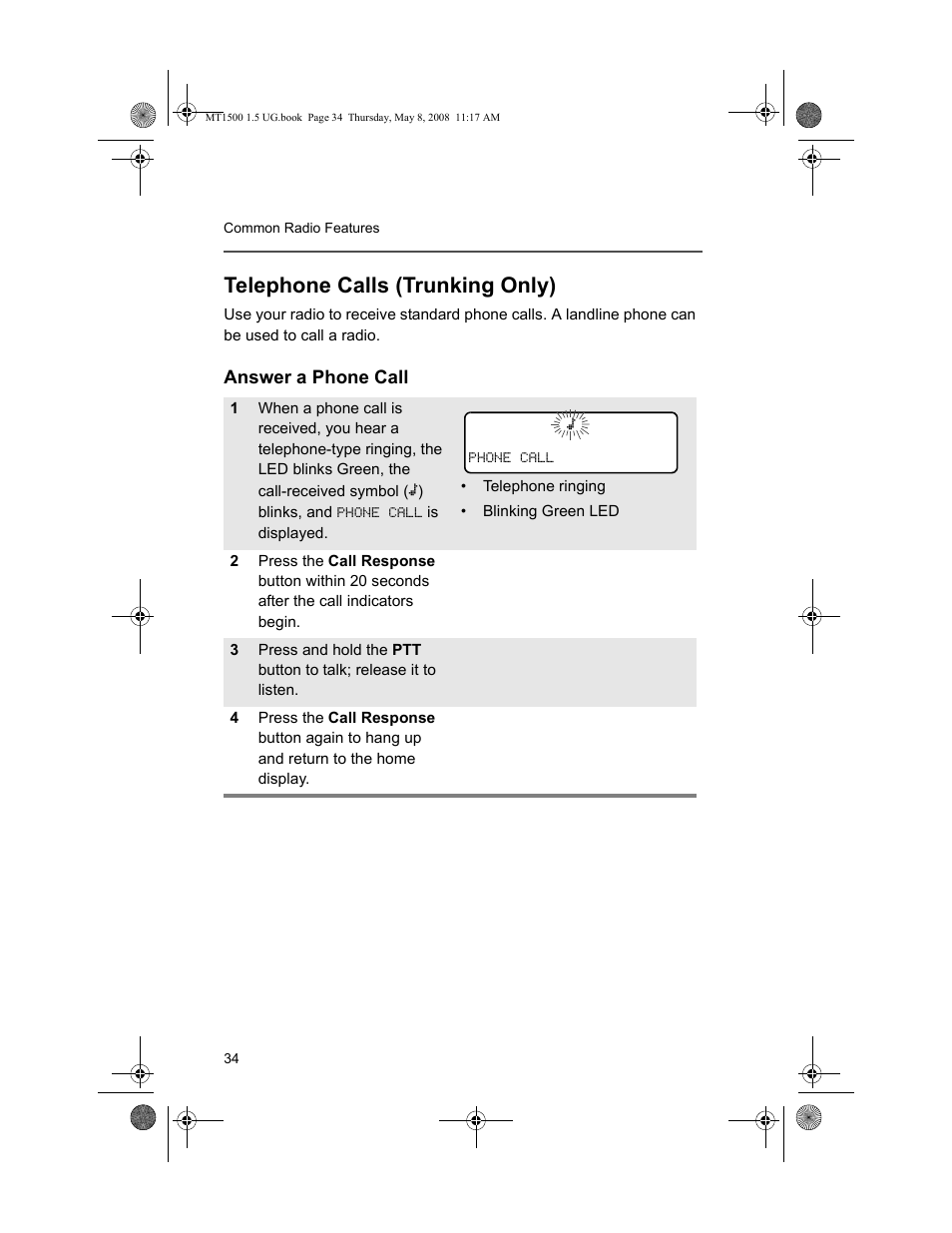 Telephone calls (trunking only), Answer a phone call | Motorola MT 1500 User Manual | Page 46 / 82