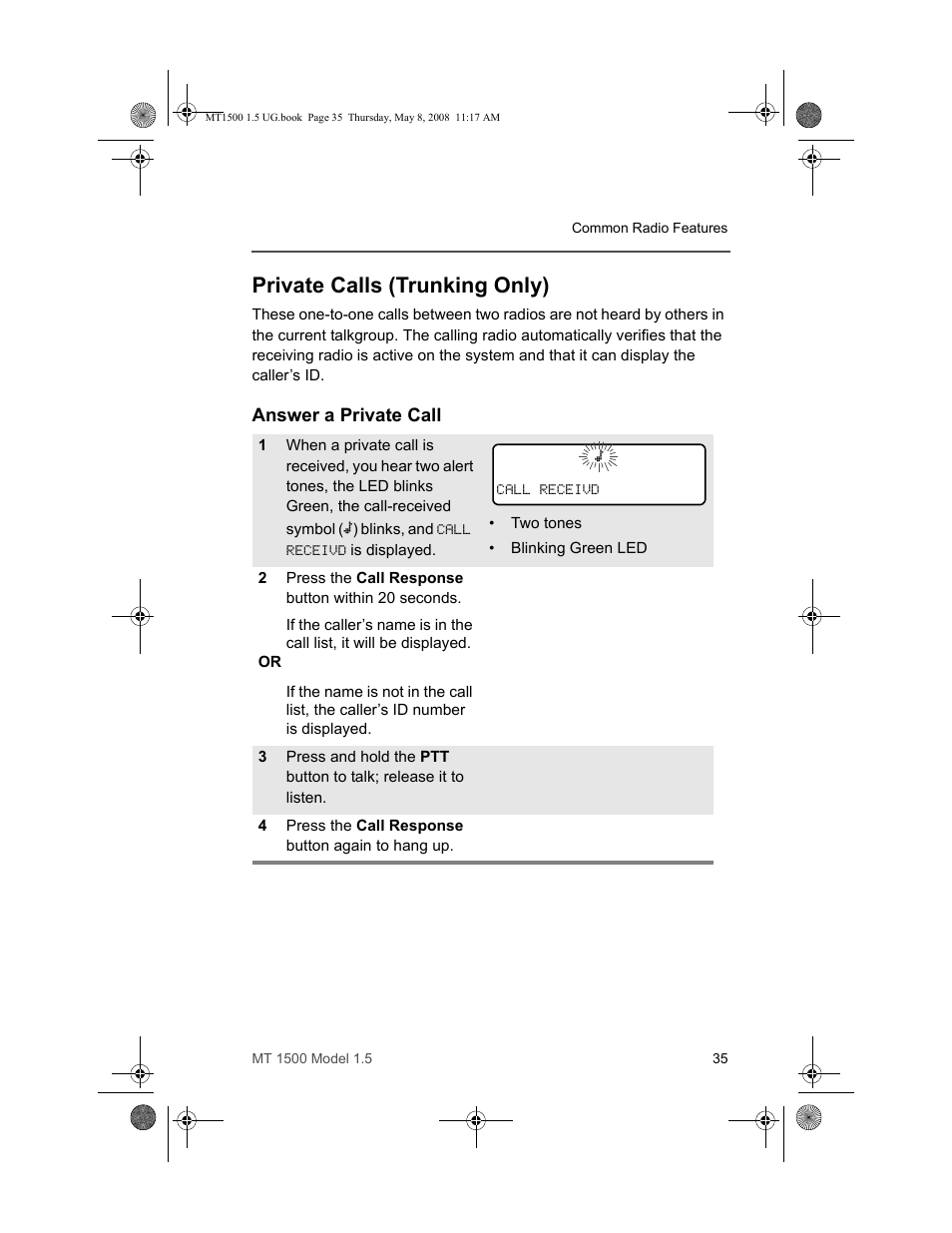 Private calls (trunking only), Answer a private call | Motorola MT 1500 User Manual | Page 47 / 82