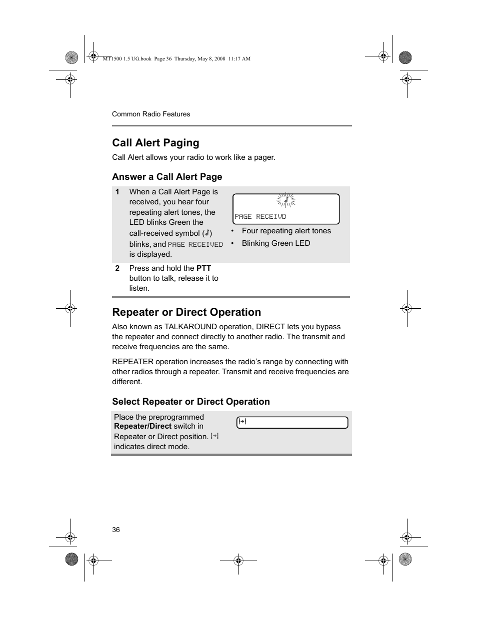 Call alert paging, Repeater or direct operation, Select repeater or direct operation | Motorola MT 1500 User Manual | Page 48 / 82