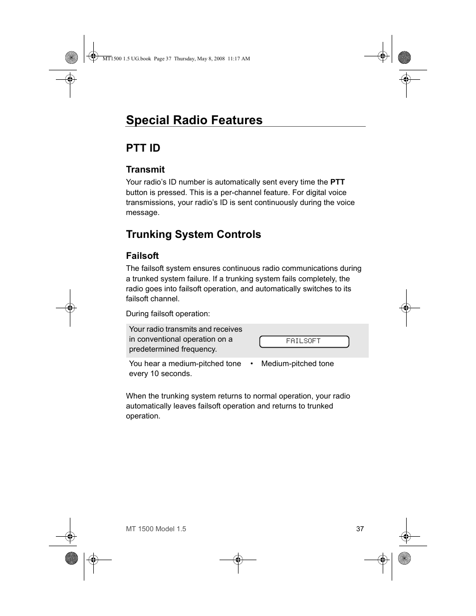 Special radio features, Ptt id, Transmit | Trunking system controls, Failsoft | Motorola MT 1500 User Manual | Page 49 / 82