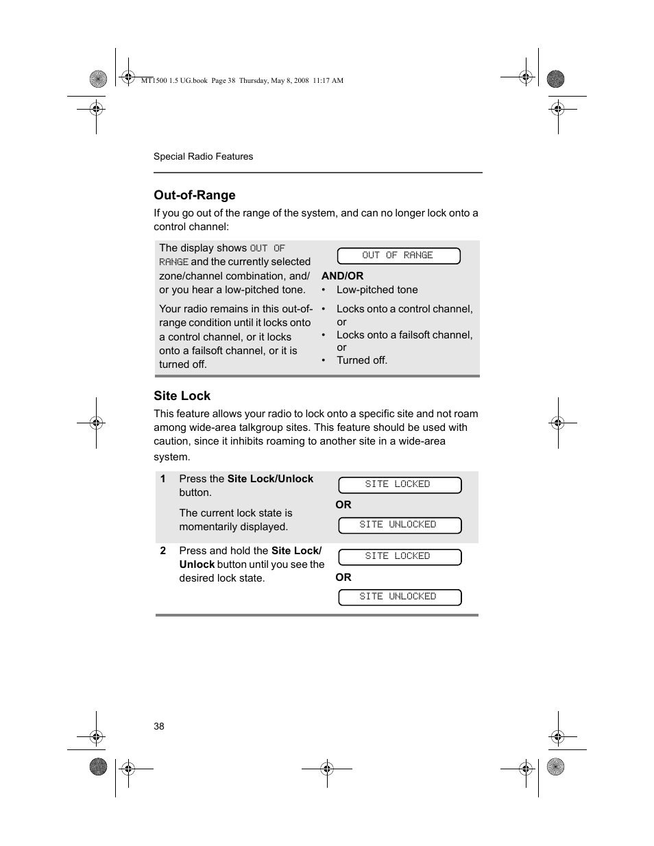 Out-of-range, Site lock | Motorola MT 1500 User Manual | Page 50 / 82