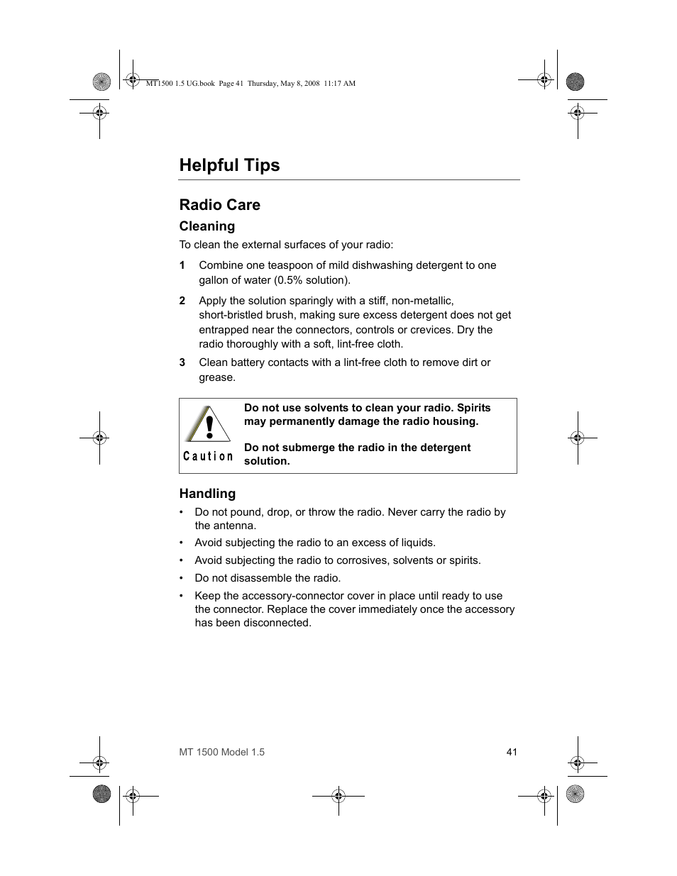 Helpful tips, Radio care, Cleaning | Handling | Motorola MT 1500 User Manual | Page 53 / 82