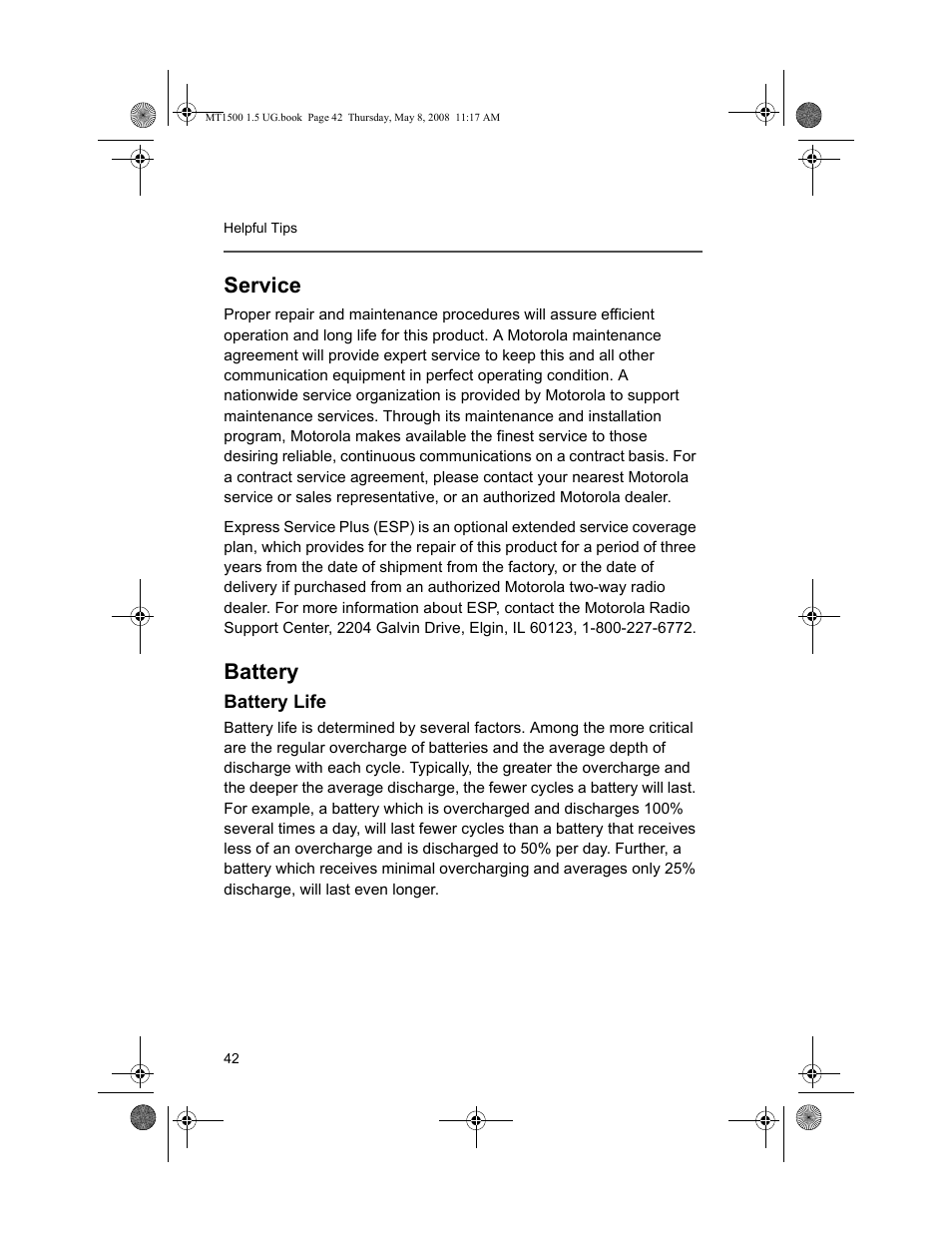 Service, Battery, Battery life | Motorola MT 1500 User Manual | Page 54 / 82