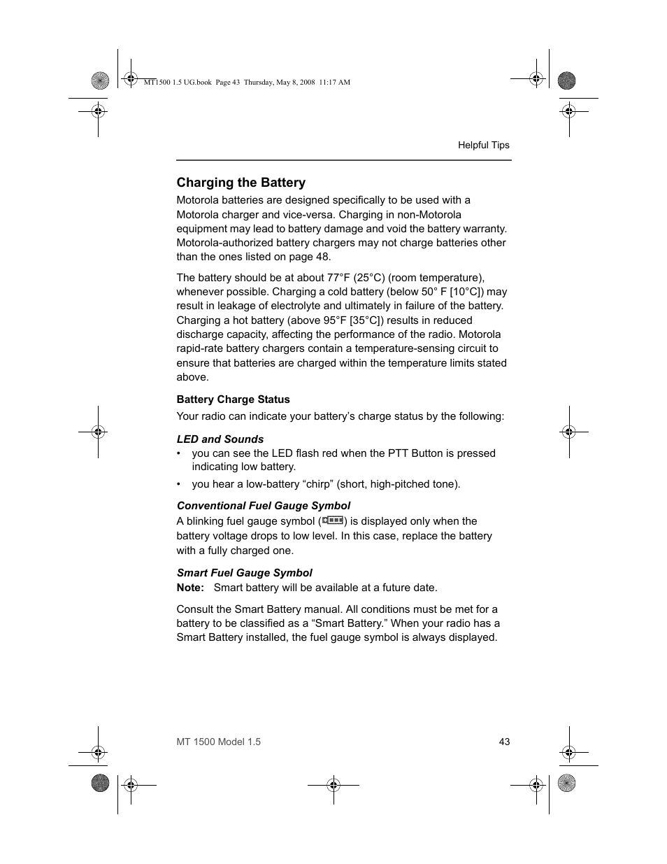 Charging the battery | Motorola MT 1500 User Manual | Page 55 / 82