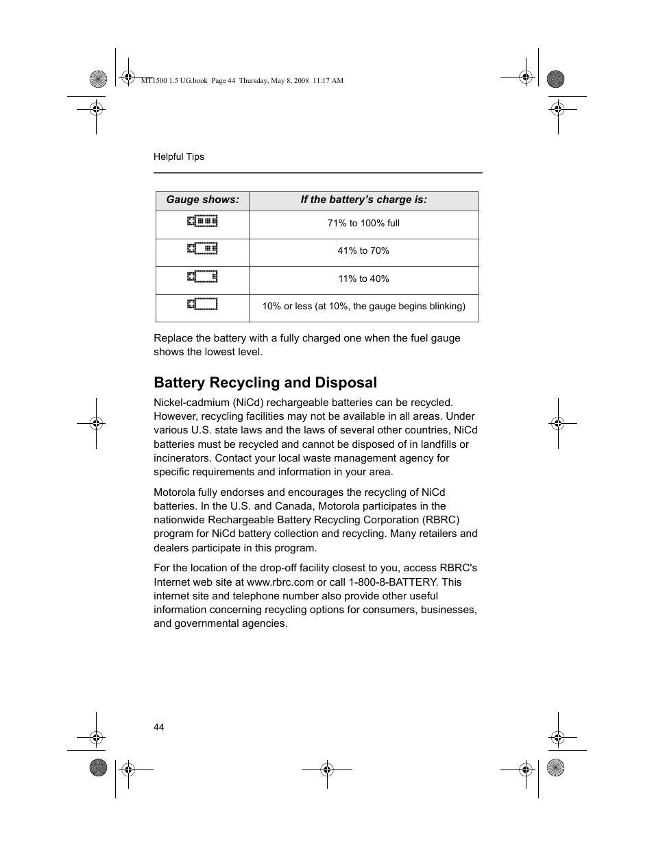 Battery recycling and disposal | Motorola MT 1500 User Manual | Page 56 / 82