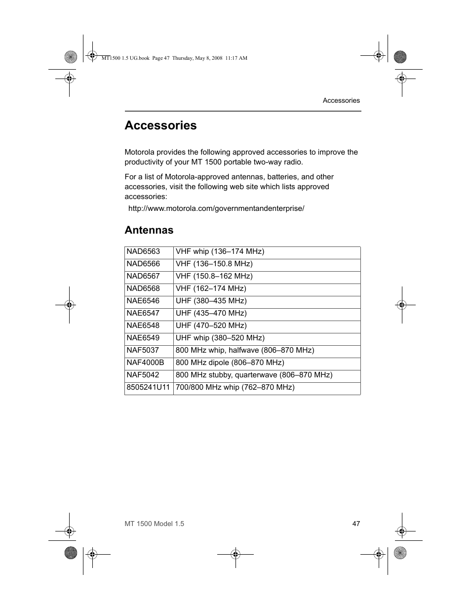 Accessories, Antennas | Motorola MT 1500 User Manual | Page 59 / 82