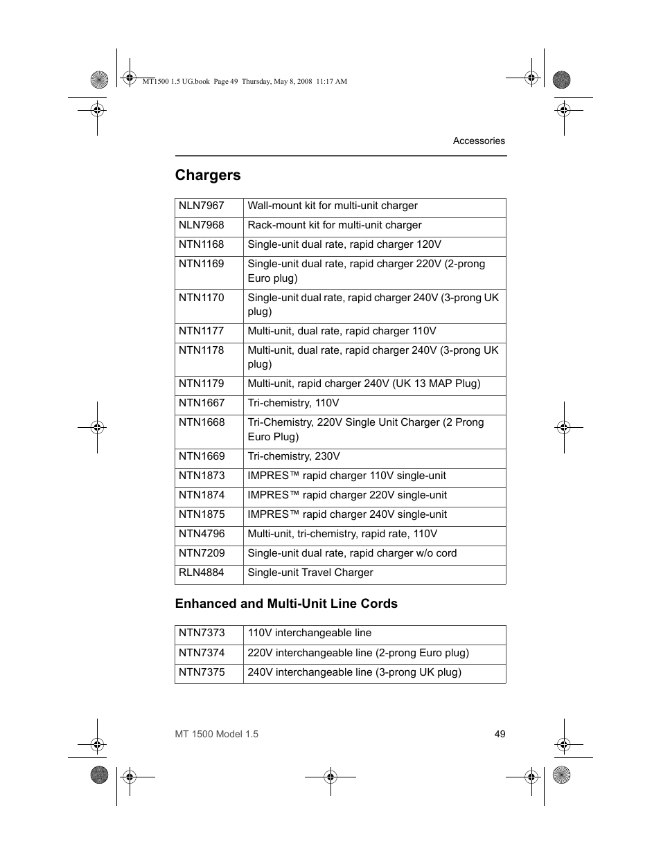 Chargers, Enhanced and multi-unit line cords | Motorola MT 1500 User Manual | Page 61 / 82