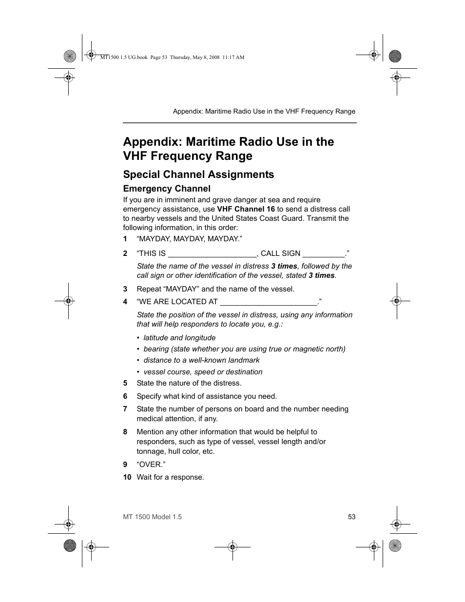 Special channel assignments, Emergency channel | Motorola MT 1500 User Manual | Page 65 / 82