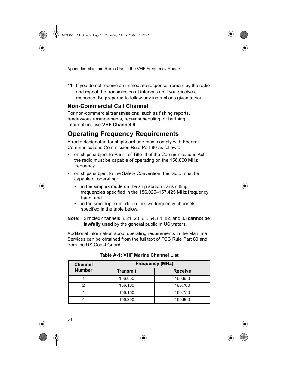 Non-commercial call channel, Operating frequency requirements | Motorola MT 1500 User Manual | Page 66 / 82