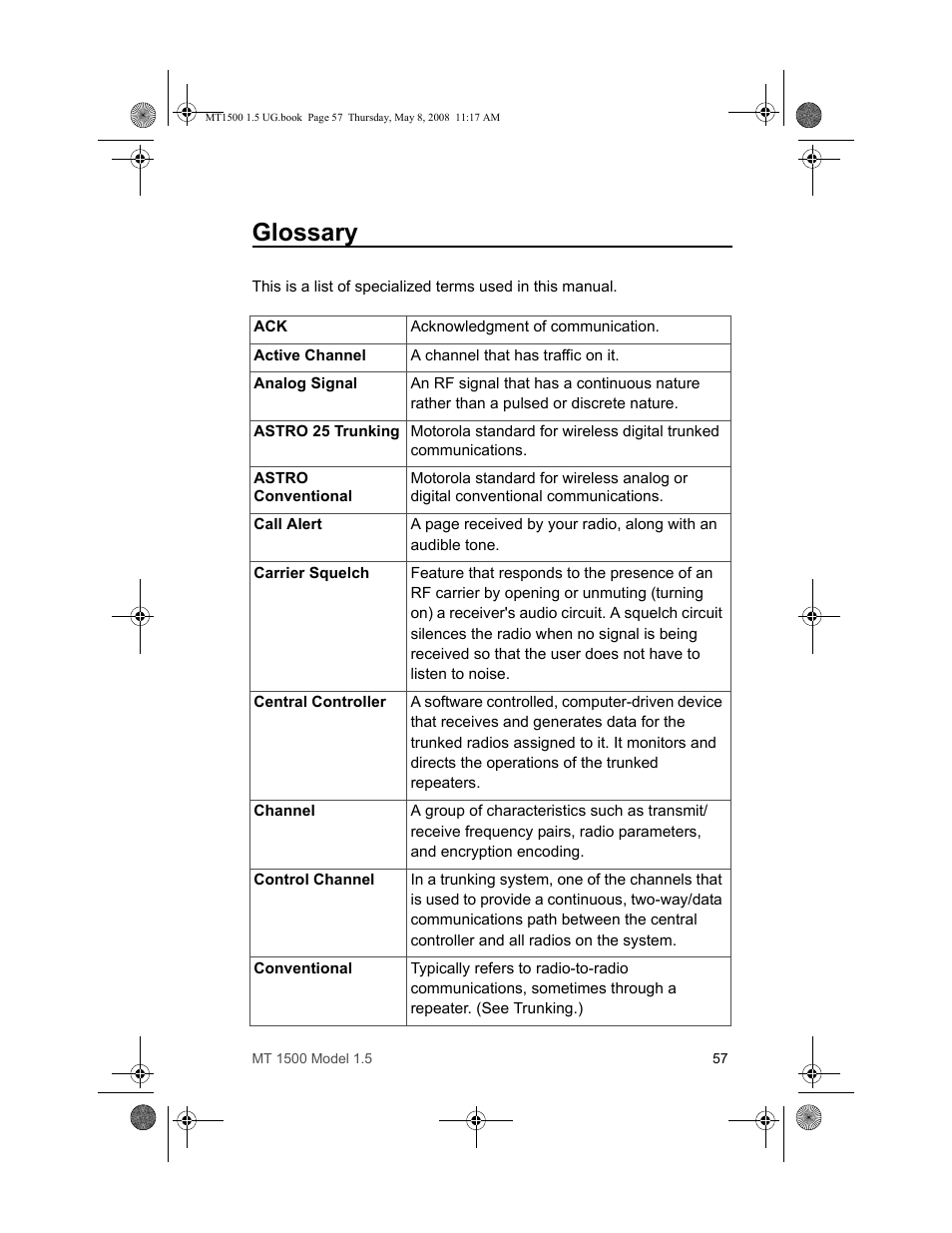 Glossary | Motorola MT 1500 User Manual | Page 69 / 82