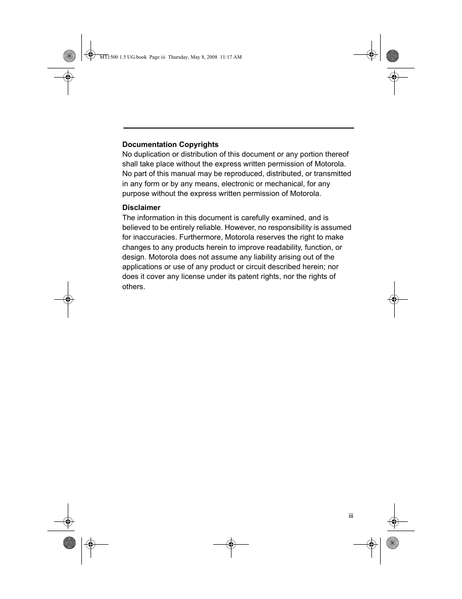 Documentation copyrights, Disclaimer | Motorola MT 1500 User Manual | Page 7 / 82