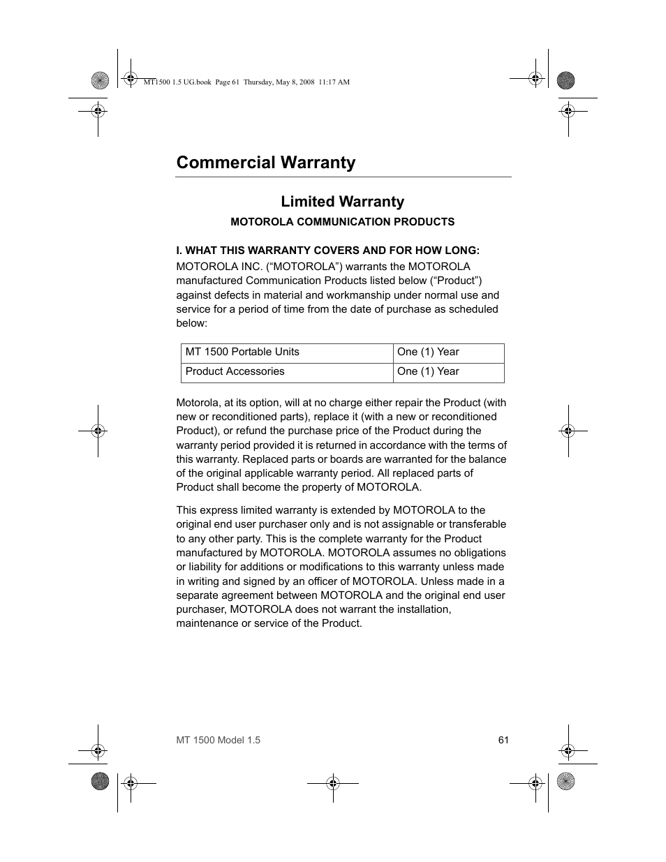 Commercial warranty, Limited warranty | Motorola MT 1500 User Manual | Page 73 / 82