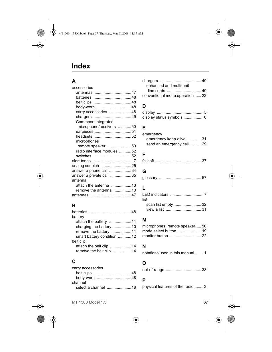 Index | Motorola MT 1500 User Manual | Page 79 / 82