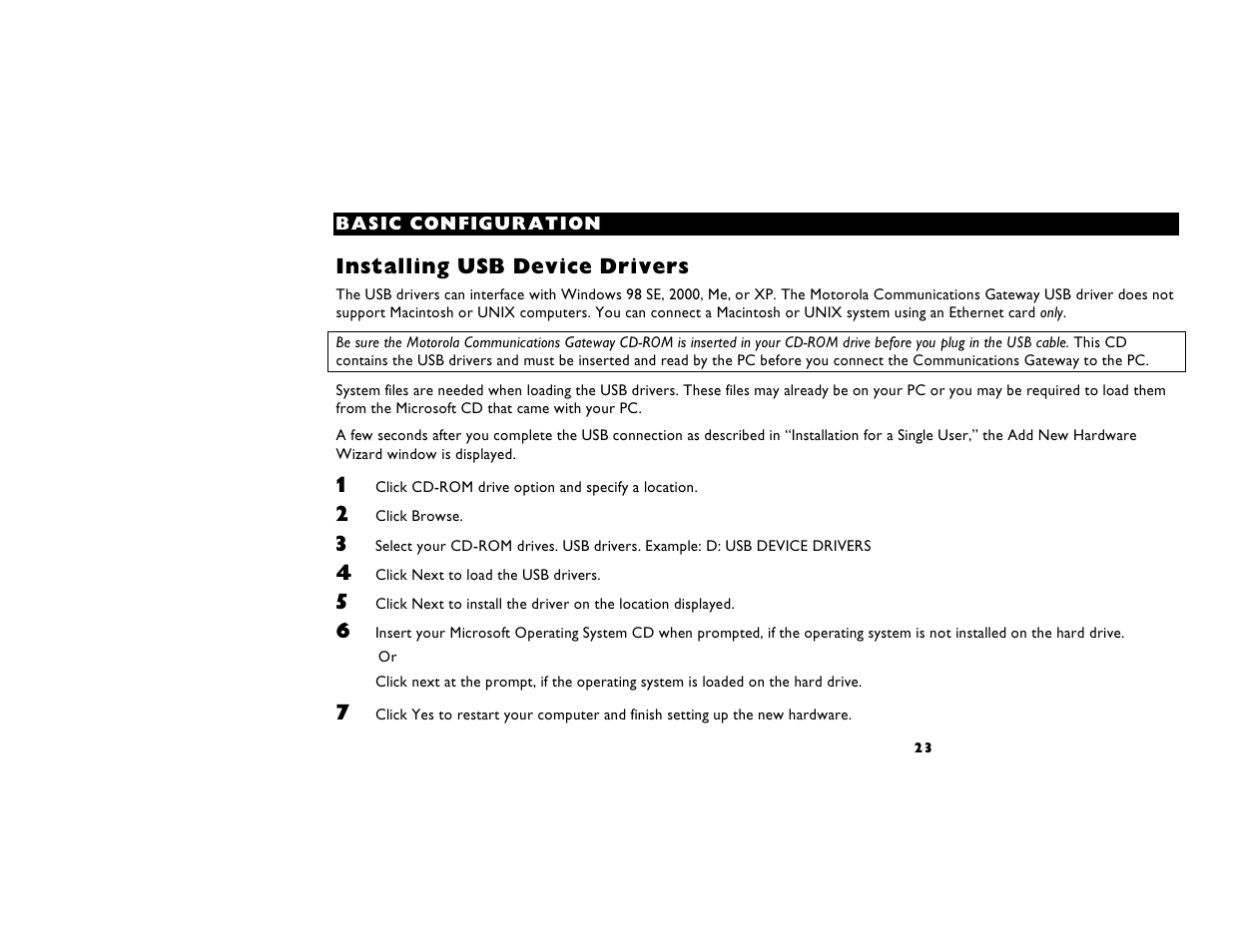 Installing usb device drivers | Motorola CG4500 User Manual | Page 28 / 36