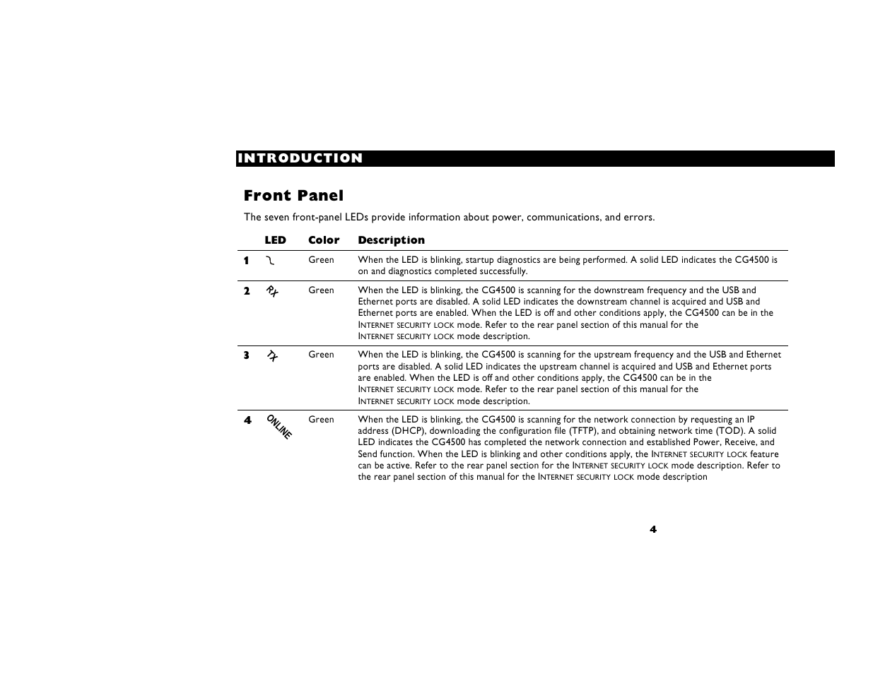 Front panel, Led color description | Motorola CG4500 User Manual | Page 9 / 36