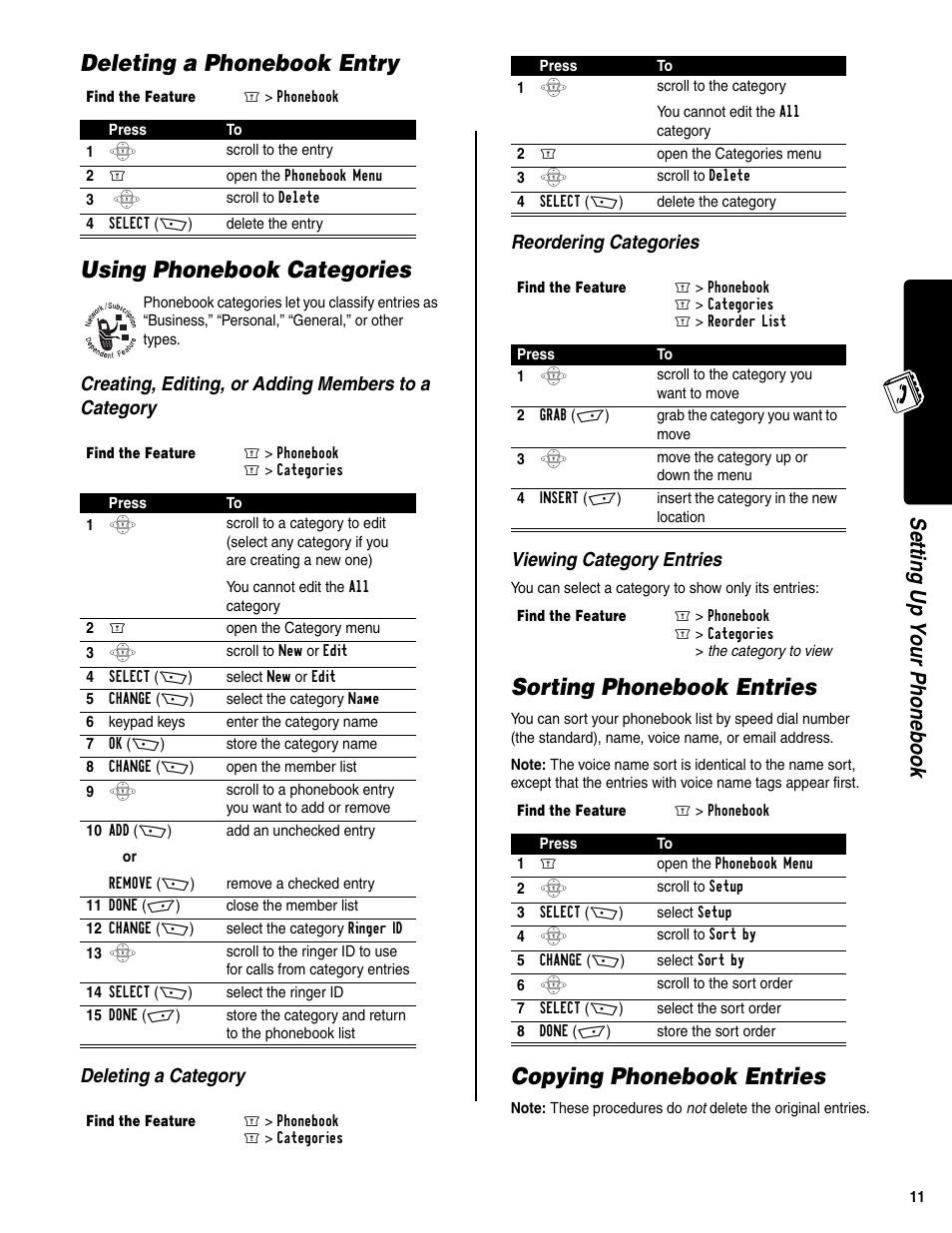 Deleting a phonebook entry, Using phonebook categories, Sorting phonebook entries | Copying phonebook entries, Setti ng up your phonebook | Motorola C350 User Manual | Page 12 / 30