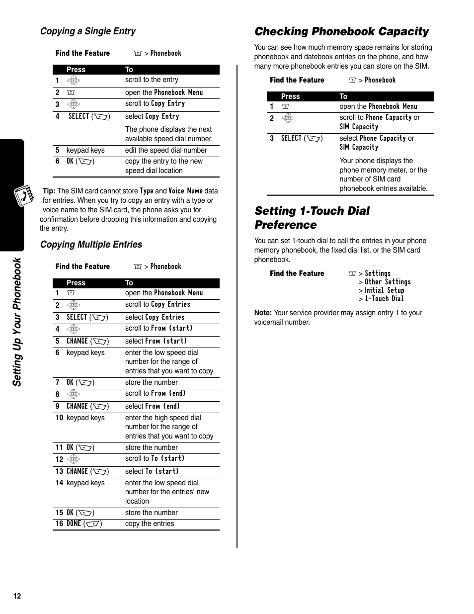 Checking phonebook capacity, Setting 1-touch dial preference, Setti ng up your phonebook | Copying a single entry, Copying multiple entries | Motorola C350 User Manual | Page 13 / 30