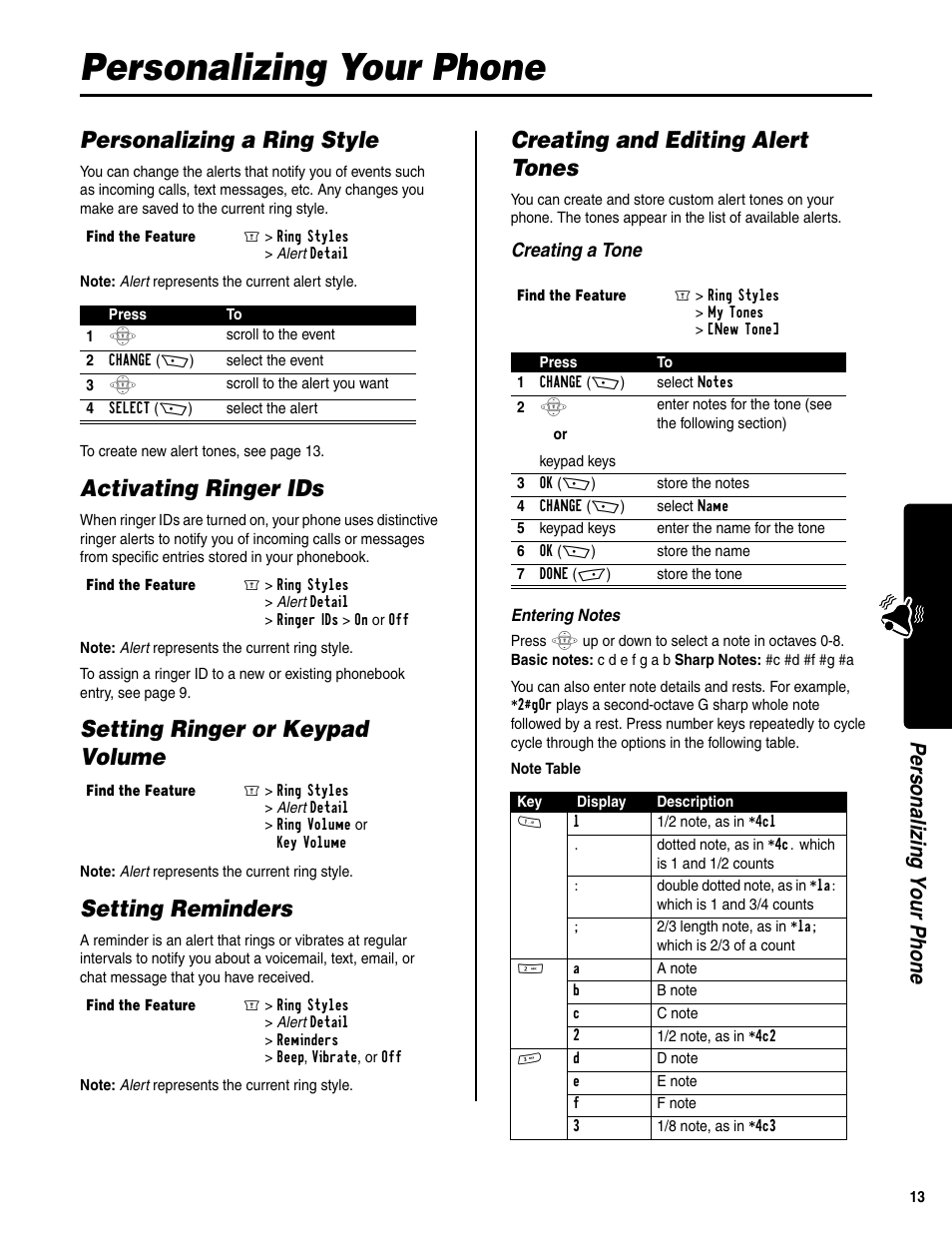 Personalizing your phone, Personalizing a ring style, Activating ringer ids | Setting ringer or keypad volume, Setting reminders, Creating and editing alert tones, Personali zing your phone, Creating a tone | Motorola C350 User Manual | Page 14 / 30
