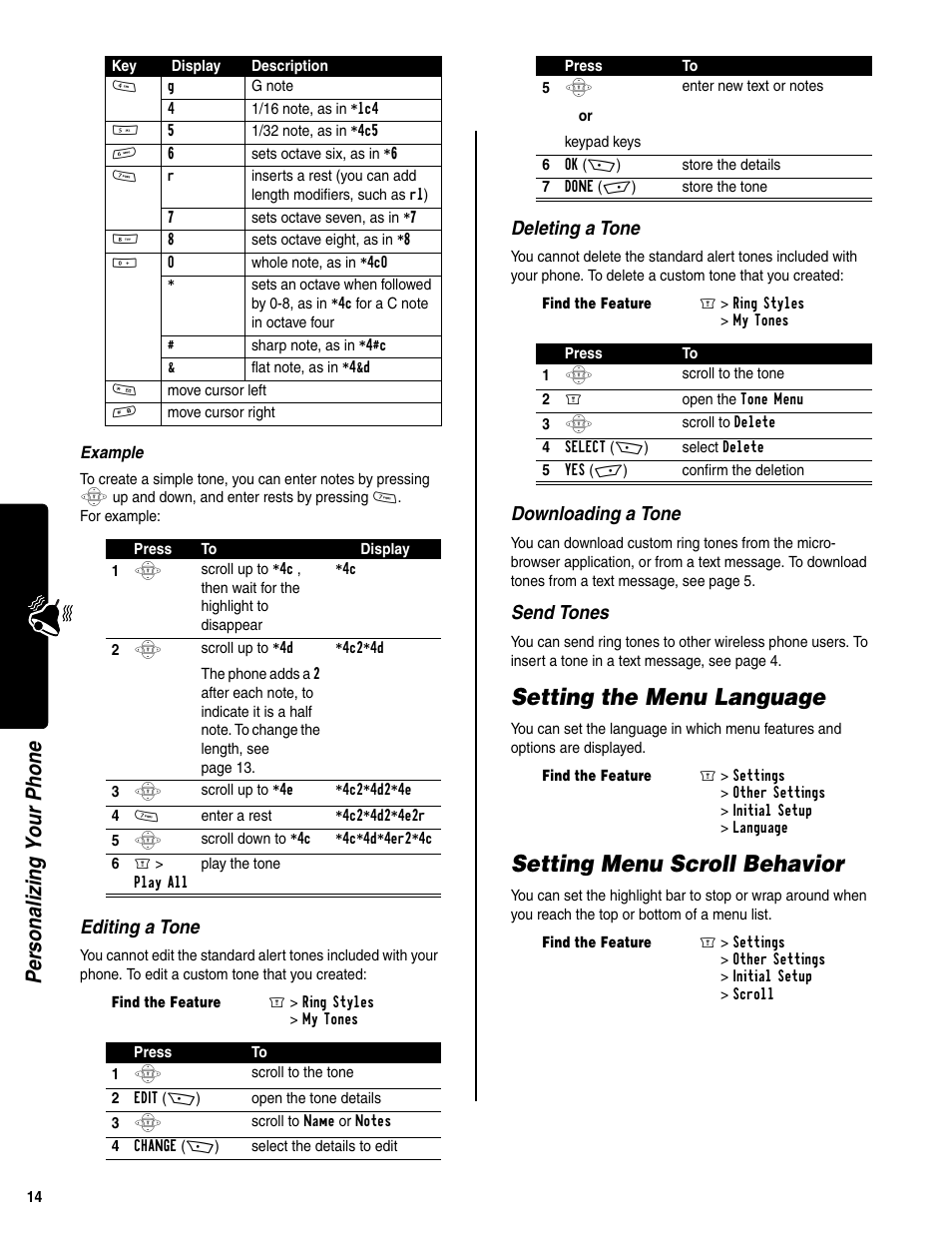 Setting the menu language, Setting menu scroll behavior, Personalizi ng your phone | Editing a tone, Deleting a tone, Downloading a tone, Send tones | Motorola C350 User Manual | Page 15 / 30