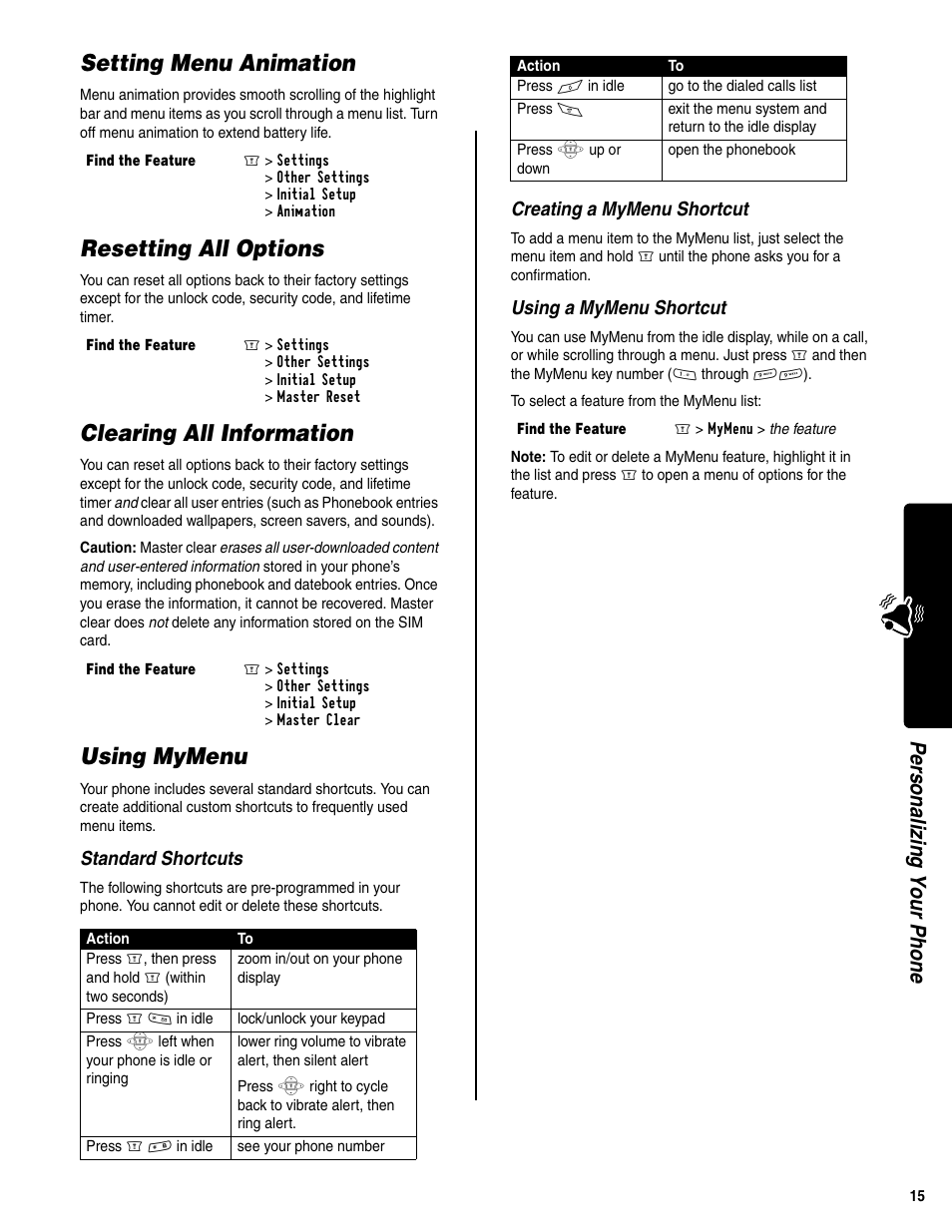 Setting menu animation, Resetting all options, Clearing all information | Using mymenu, Personali zing your phone, Standard shortcuts, Creating a mymenu shortcut, Using a mymenu shortcut | Motorola C350 User Manual | Page 16 / 30