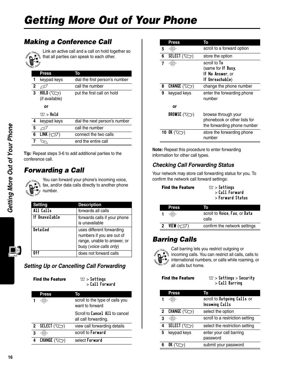 Getting more out of your phone, Making a conference call, Forwarding a call | Barring calls, Getting m o re out of your phone, Setting up or cancelling call forwarding, Checking call forwarding status | Motorola C350 User Manual | Page 17 / 30