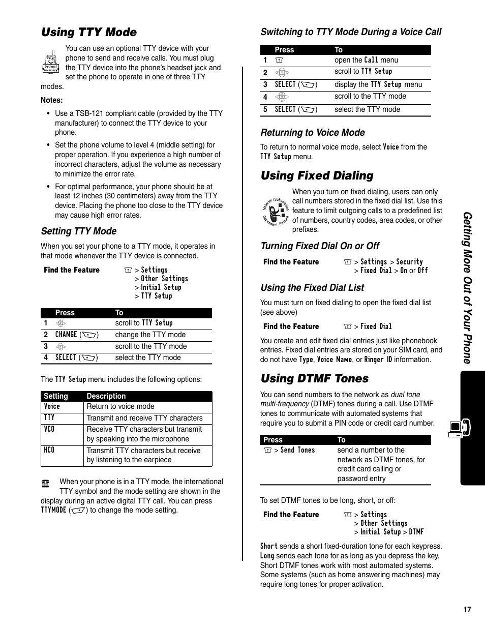 Using tty mode, Using fixed dialing, Using dtmf tones | Getting more out of your phone, Setting tty mode | Motorola C350 User Manual | Page 18 / 30