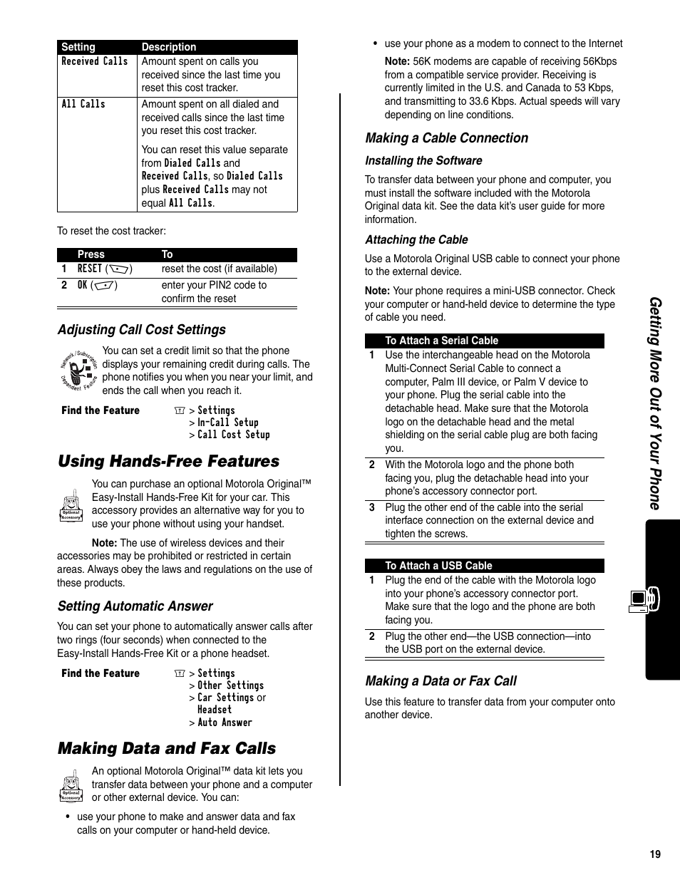 Using hands-free features, Making data and fax calls, Getting more out of your phone | Adjusting call cost settings, Setting automatic answer, Making a cable connection, Making a data or fax call | Motorola C350 User Manual | Page 20 / 30