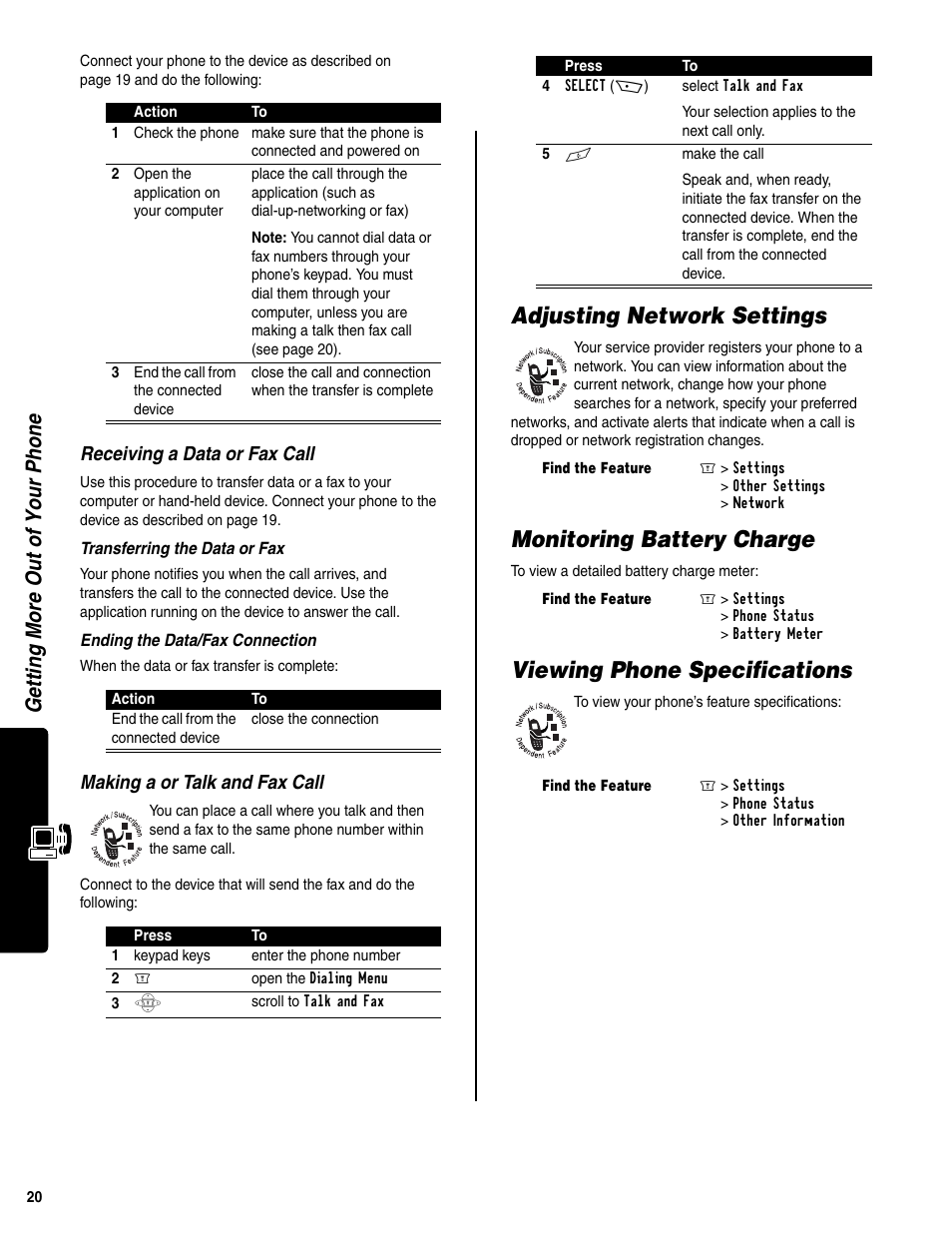 Adjusting network settings, Monitoring battery charge, Viewing phone specifications | Getting m o re out of your phone, Receiving a data or fax call, Making a or talk and fax call | Motorola C350 User Manual | Page 21 / 30