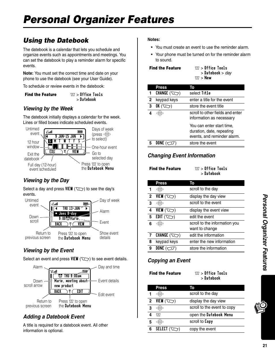 Personal organizer features, Using the datebook, Personal orga nizer features | Viewing by the week, Viewing by the day, Viewing by the event, Adding a datebook event, Changing event information copying an event | Motorola C350 User Manual | Page 22 / 30