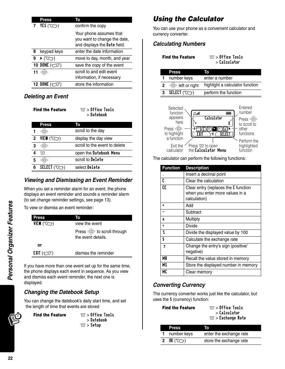 Using the calculator, Personal organi zer features, Changing the datebook setup | Calculating numbers, Converting currency | Motorola C350 User Manual | Page 23 / 30