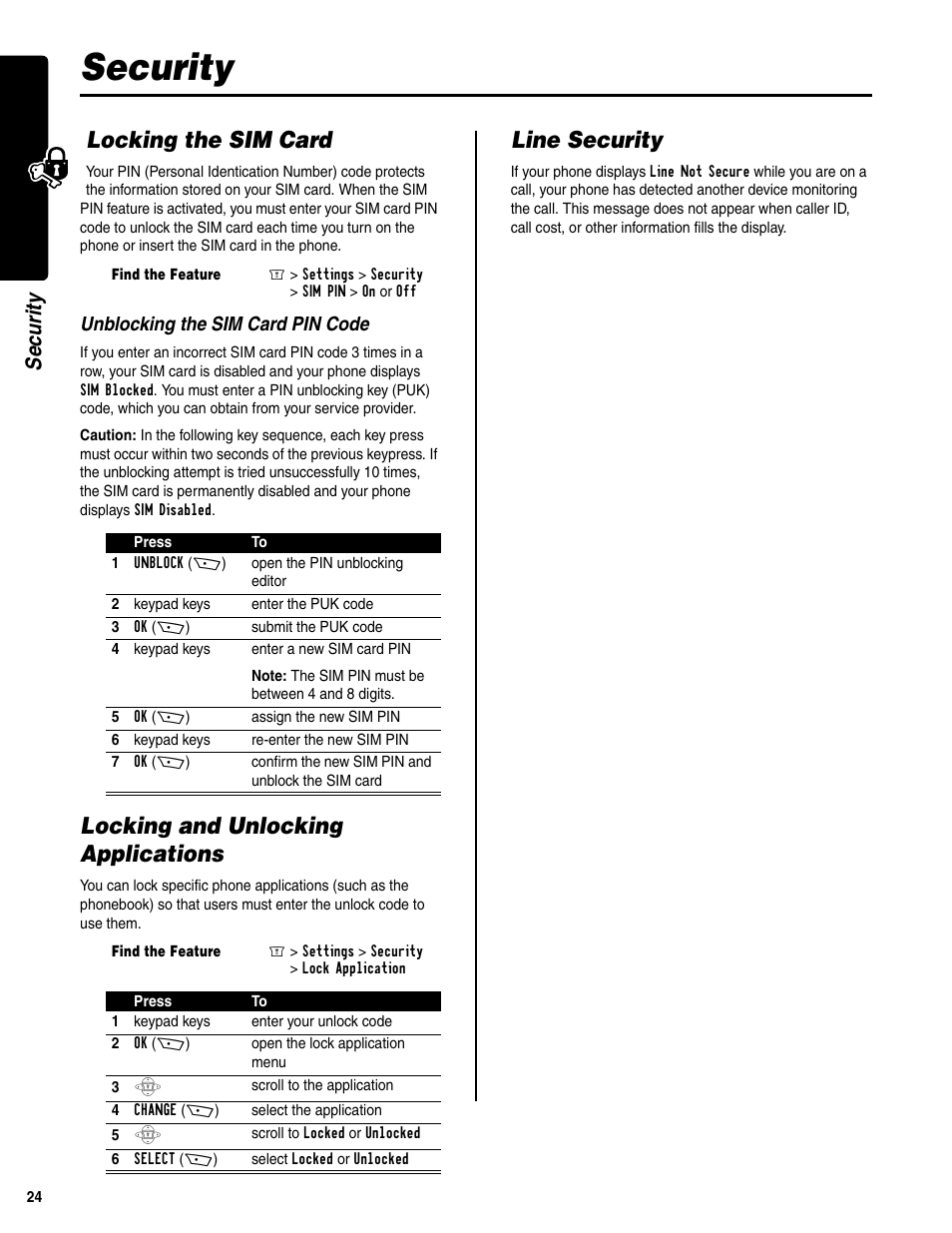 Security, Locking the sim card, Locking and unlocking applications | Line security, Unblocking the sim card pin code | Motorola C350 User Manual | Page 25 / 30