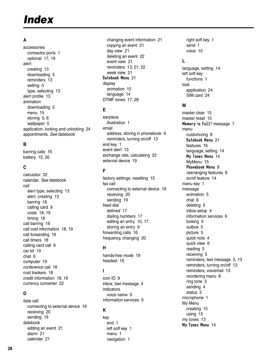 Index | Motorola C350 User Manual | Page 29 / 30