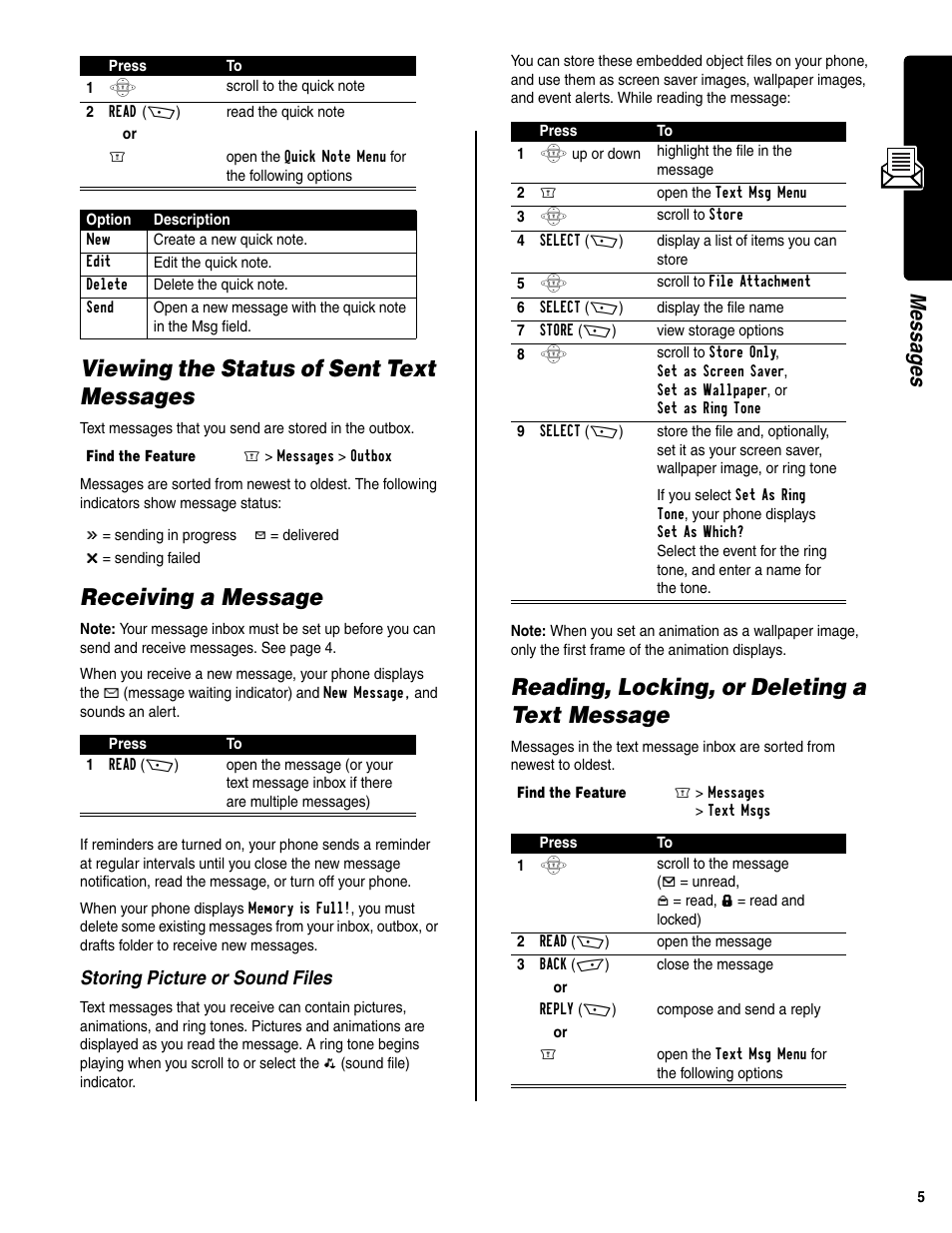 Viewing the status of sent text messages, Receiving a message, Reading, locking, or deleting a text message | Messages, Storing picture or sound files | Motorola C350 User Manual | Page 6 / 30