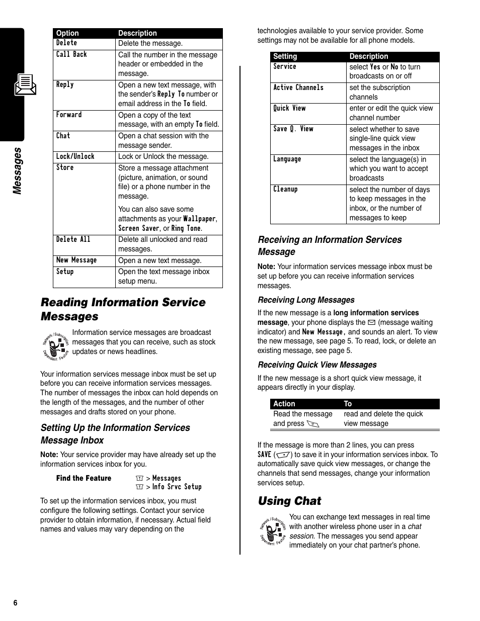 Reading information service messages, Using chat, Reading information service messages using chat | Messages, Setting up the information services message inbox, Receiving an information services message | Motorola C350 User Manual | Page 7 / 30