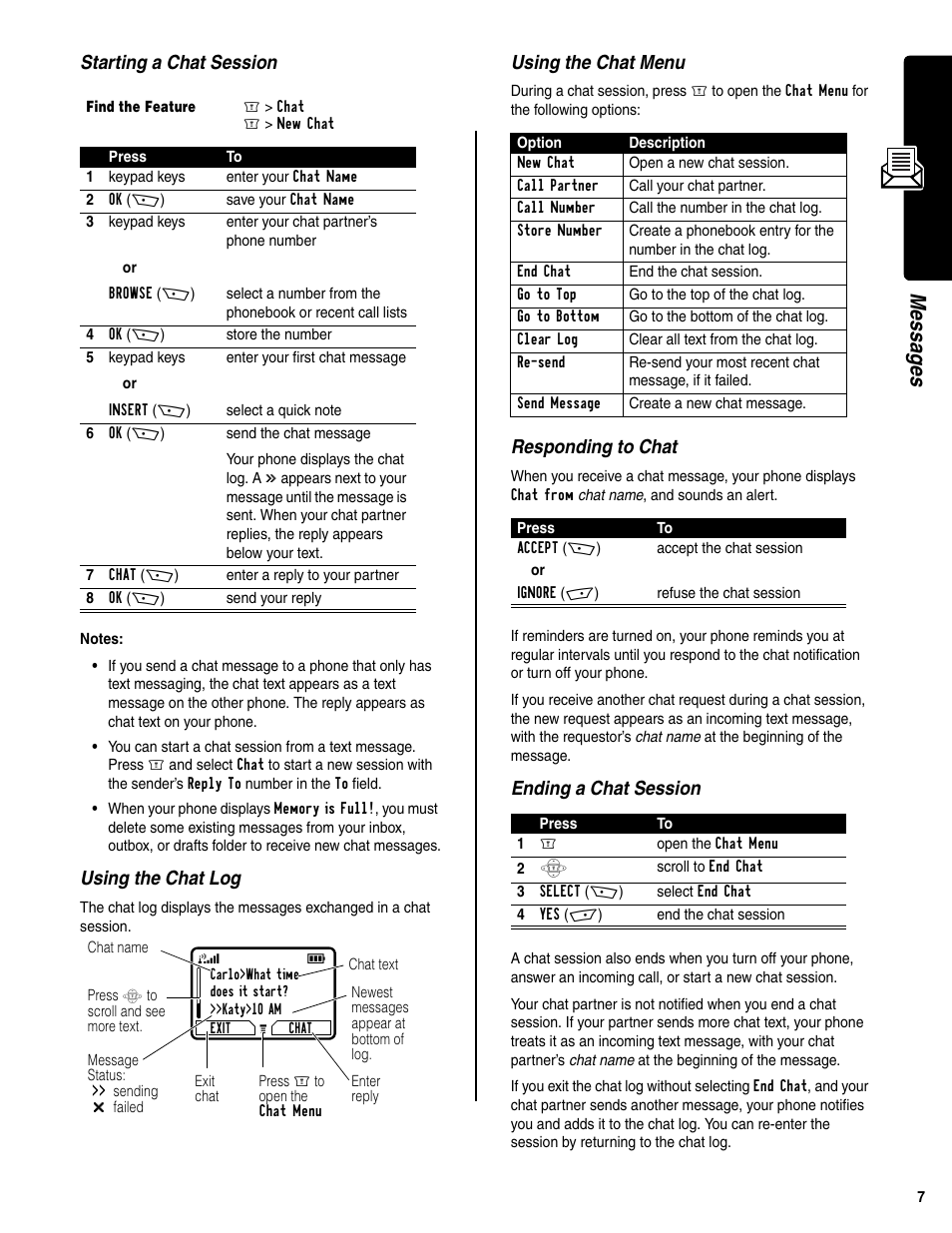 Messages, Starting a chat session, Using the chat log | Using the chat menu, Responding to chat, Ending a chat session | Motorola C350 User Manual | Page 8 / 30