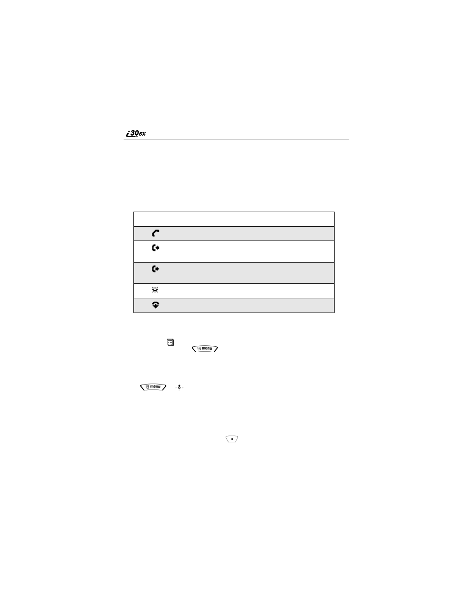 Text display area, Call information icons, Menu icon | Display options | Motorola i30sx User Manual | Page 44 / 184
