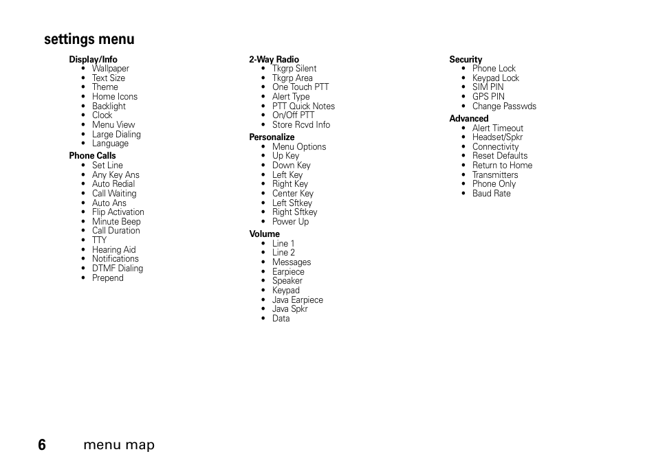 Settings menu, Menu map | Motorola H76XAH6JR7BN User Manual | Page 10 / 110