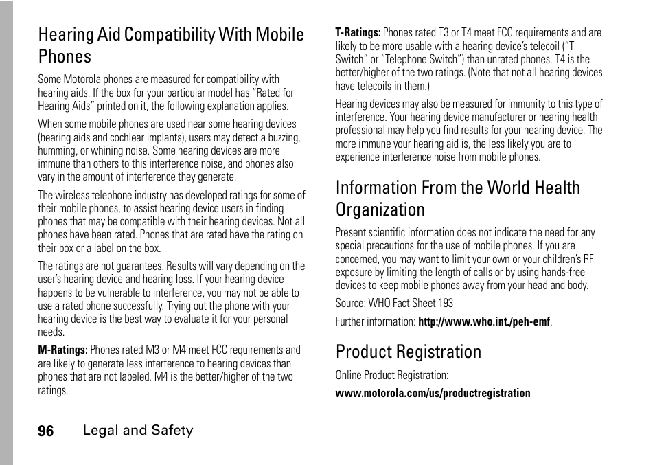 Hearing aid compatibility with mobile phones, Information from the world health organization, Product registration | Motorola H76XAH6JR7BN User Manual | Page 100 / 110