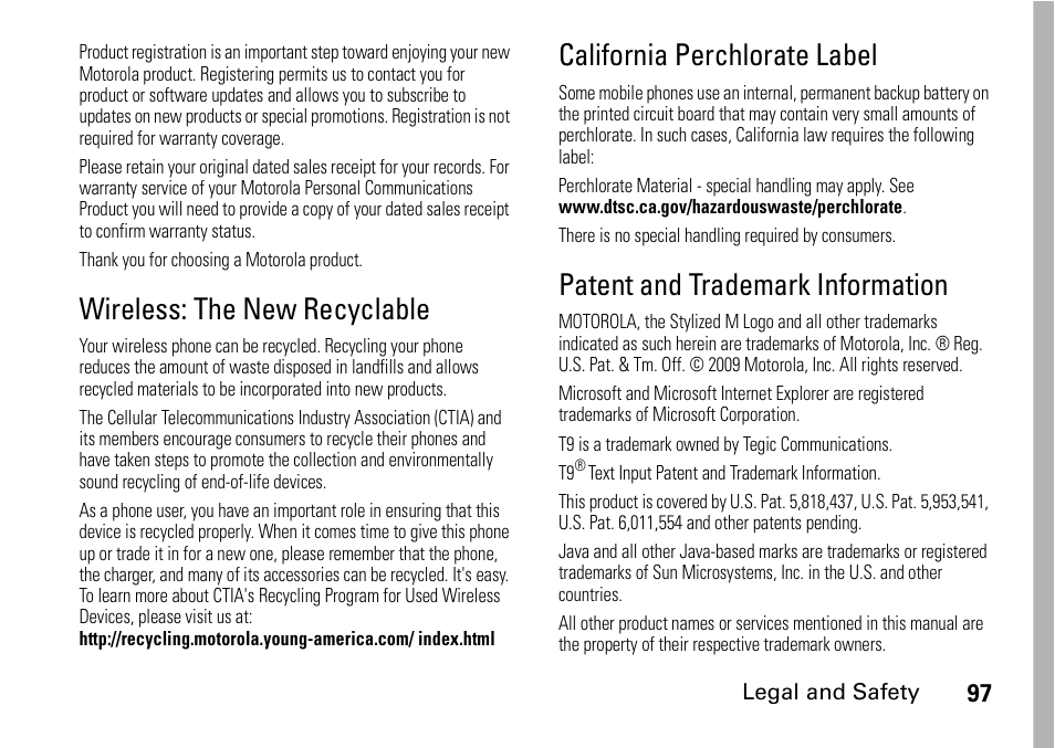 Wireless: the new recyclable, California perchlorate label, Patent and trademark information | Motorola H76XAH6JR7BN User Manual | Page 101 / 110