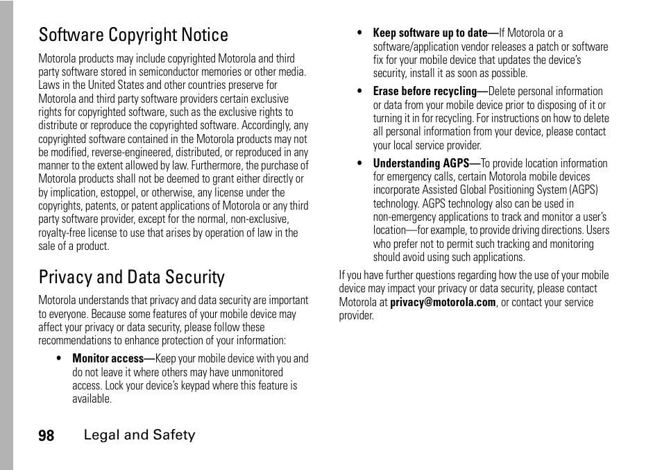 Software copyright notice, Privacy and data security | Motorola H76XAH6JR7BN User Manual | Page 102 / 110