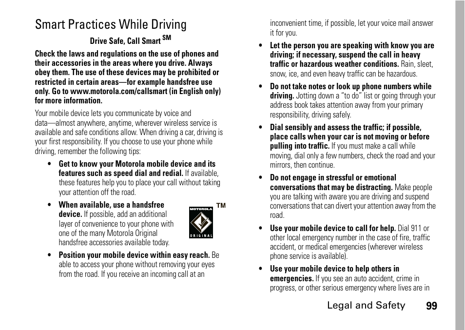 Smart practices while driving | Motorola H76XAH6JR7BN User Manual | Page 103 / 110