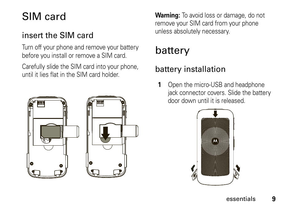 Sim card, Battery | Motorola H76XAH6JR7BN User Manual | Page 13 / 110