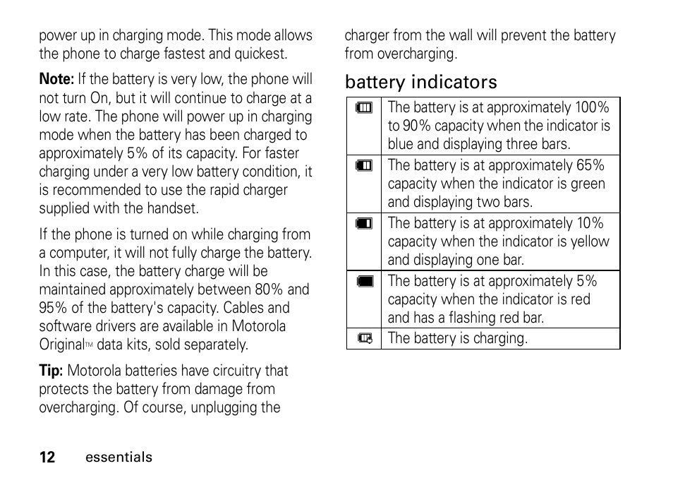 Battery indicators | Motorola H76XAH6JR7BN User Manual | Page 16 / 110
