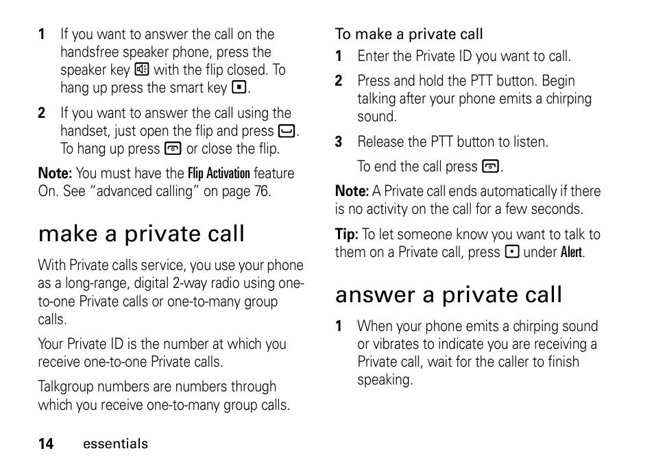 Make a private call, Answer a private call | Motorola H76XAH6JR7BN User Manual | Page 18 / 110