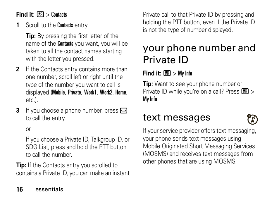 Your phone number and private id, Text messages | Motorola H76XAH6JR7BN User Manual | Page 20 / 110