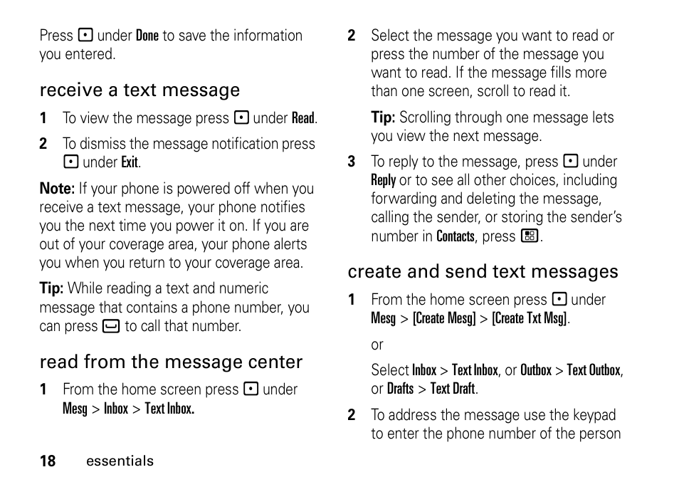 Receive a text message, Read from the message center, Create and send text messages | Motorola H76XAH6JR7BN User Manual | Page 22 / 110