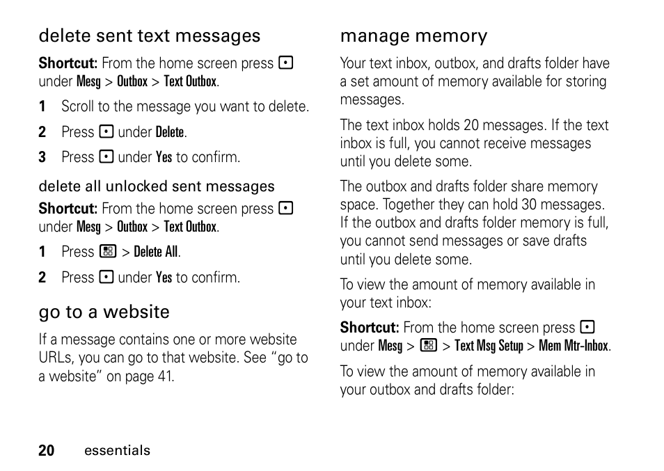 Delete sent text messages, Go to a website | Motorola H76XAH6JR7BN User Manual | Page 24 / 110