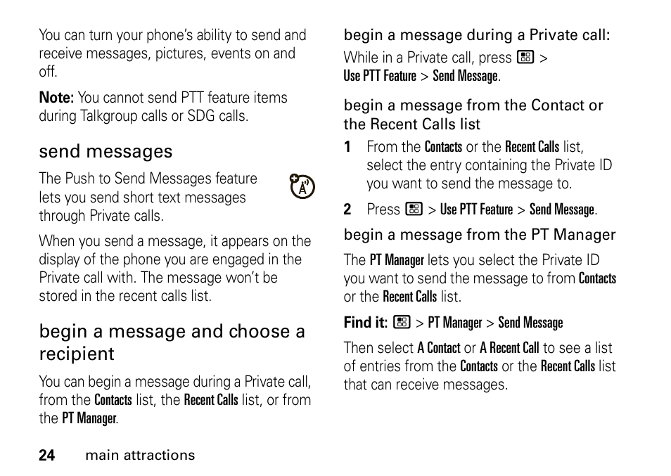 Send messages, Begin a message and choose a recipient | Motorola H76XAH6JR7BN User Manual | Page 28 / 110