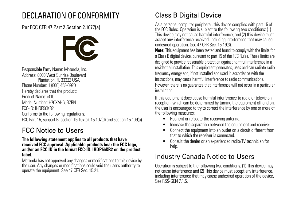 Declaration of conformity, Fcc notice to users, Class b digital device | Industry canada notice to users | Motorola H76XAH6JR7BN User Manual | Page 3 / 110